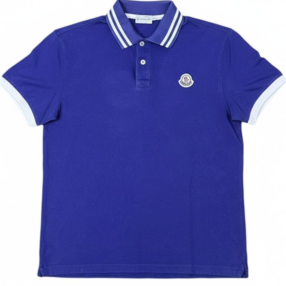 Moncler Classic Polo Shirt Mens Small Purple White Striped Collar Luxury Preppy